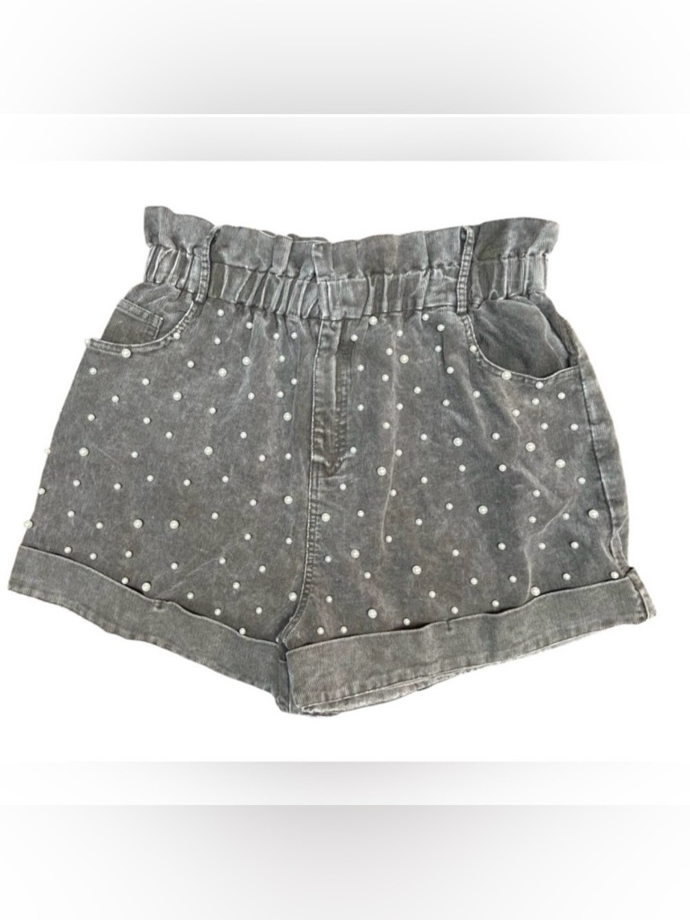 Fantastic Fawn Shorts Women’s Gray Corduroy Paper Bag Pearls Size Medium M
